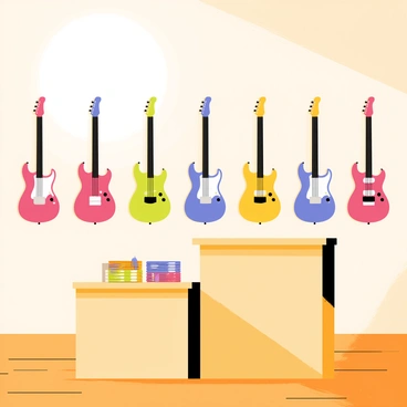 An electric guitar shop with a bright interior featuring rows of colorful guitars hanging on the wall. The guitars are in various shades, including red, blue, green, and yellow. Each guitar is neatly arranged, showcasing different styles and shapes. A wooden display counter is positioned in front of the wall, with stacks of guitar picks and accessories. The floor is polished wood, reflecting the vibrant colors of the guitars. Soft lighting illuminates the space, highlighting the details of each instrument.