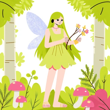 A woodland faerie with translucent wings holding a bow made of twigs