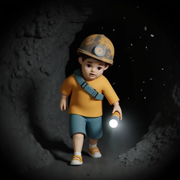 A young child, wearing a worn-out helmet and a flashlight strapped to the front, is emerging from a dark tunnel in a coal mine. The walls of the tunnel are rugged and coal-dusted, reflecting the dim light of the flashlight. The child has a determined expression, with dirt smudged on their cheek and a slight look of wonder in their eyes as they step into the brighter area outside the tunnel. Dust particles are visible in the air, illuminated by the light, creating a contrast between the dark tunnel and the emerging light.