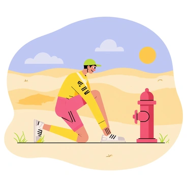 A lone runner taking a break to do fire hydrant exercises near a fire hydrant in a vast desert landscape