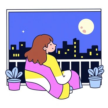 A girl is sitting on a balcony at night, wrapped in a warm, colorful blanket. She has long brown hair that flows over her shoulders. The balcony has a simple railing, and potted plants are placed at the corners. The city skyline is visible in the background, with bright lights twinkling in the darkness. The moon is shining in the sky, casting a gentle glow over the scene.