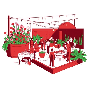 A red urban garden is filled with various green plants and vibrant flowers. String lights are hung above the gathering, casting a warm glow over the scene. Guests are mingling around small tables covered with white tablecloths. Some guests hold drinks while others engage in conversation, enjoying the lively atmosphere. There is a large wooden planter filled with colorful flowers, enhancing the inviting ambiance of the garden party.