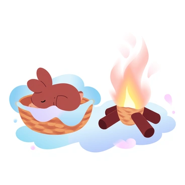 A small bunny with soft fur is comfortably snoozing in a woven basket. The basket is lined with a cozy blanket that adds warmth to the scene. Nearby, a gently flickering fireplace casts a soft glow, illuminating the area with warm light. The flames dance gracefully in the fireplace, creating a soothing ambiance. The surrounding space includes a few scattered logs and a tranquil atmosphere.