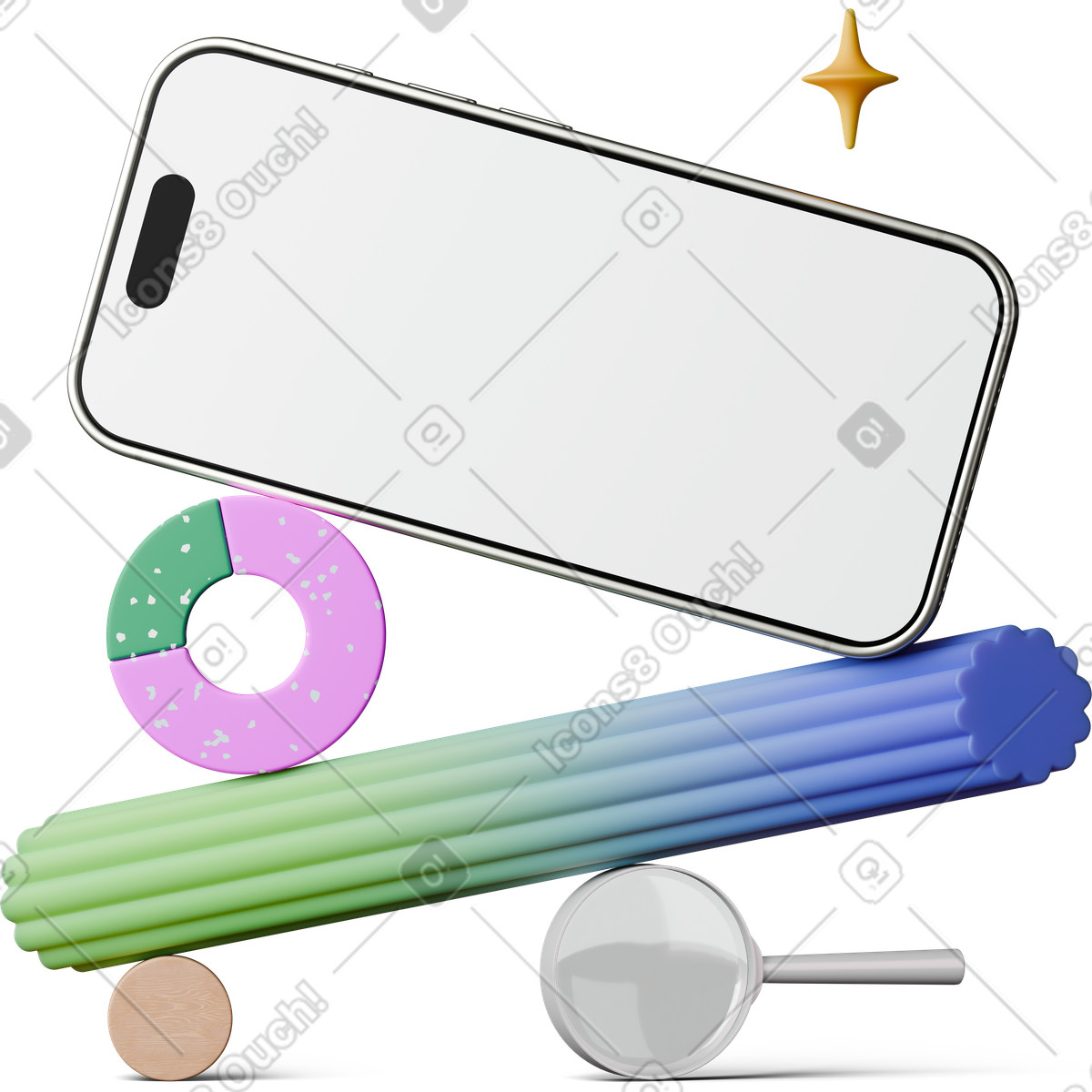 Front view of magnifying glass and smartphone mockup standing on abstract figures illustration in 3D Hygge style download in PNG, SVG