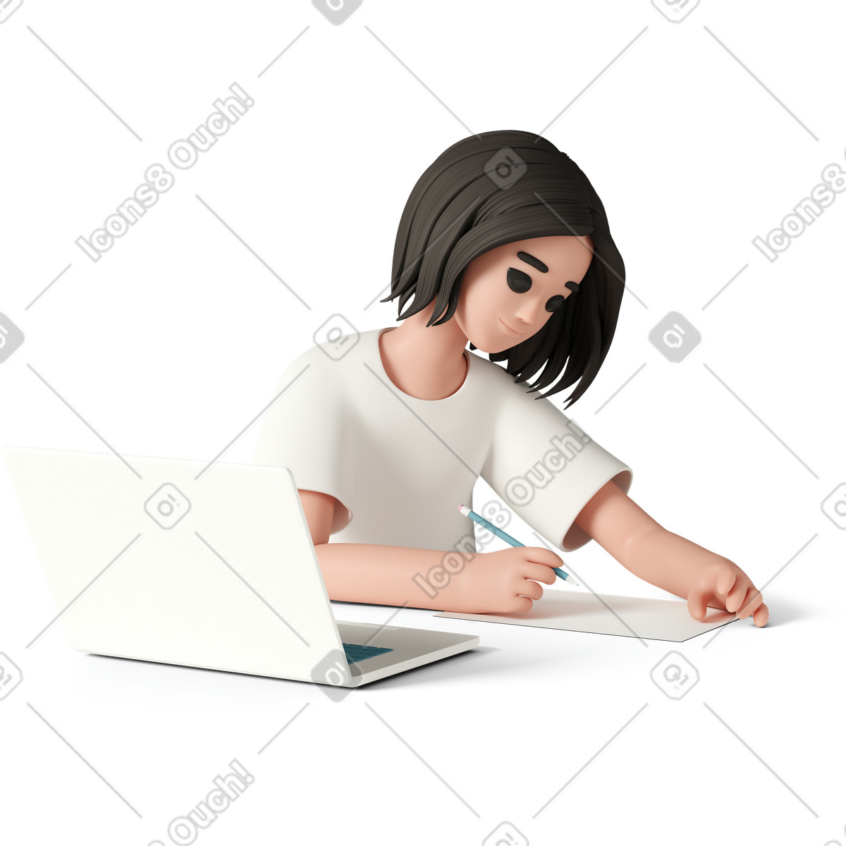 Young woman at work illustration with laptop and writing clipart images for working theme
