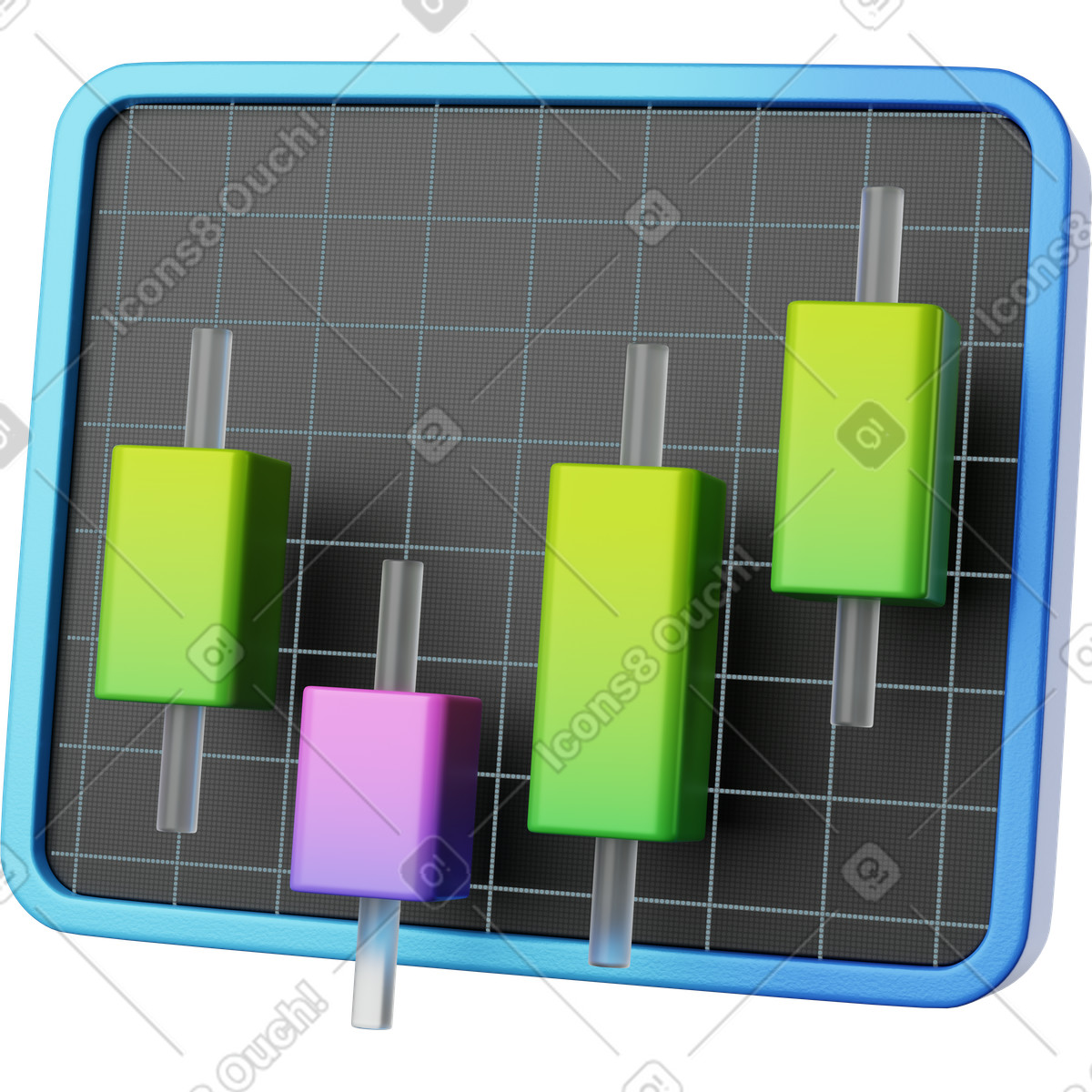 Ilustración Candlestick chart panel with colorful bars on grid screen en estilo 3D Plastic a descargar en PNG y SVG