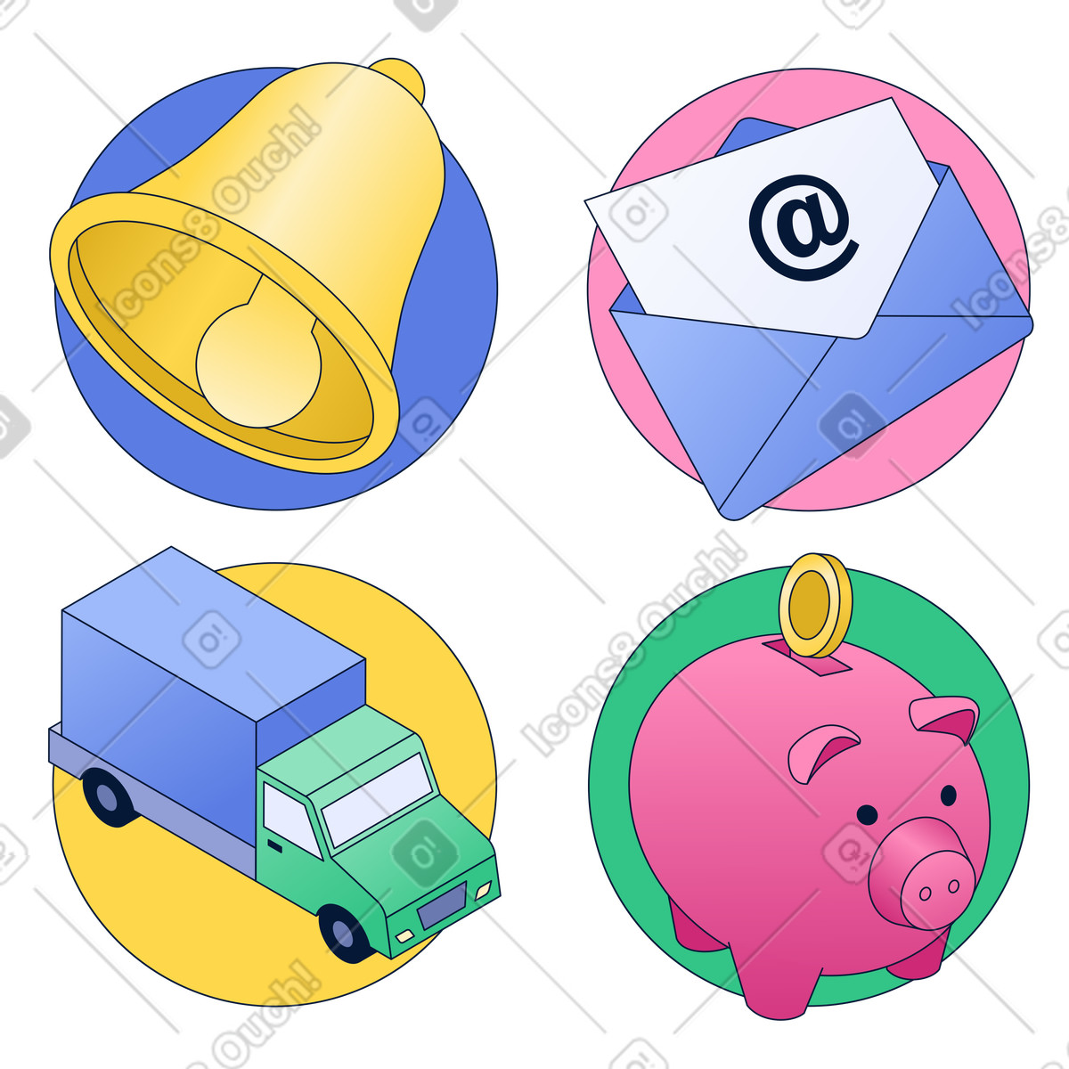 Pacchetto di icone aziendali: e-mail, notifica, consegna, denaro illustrazione in stile Neat scarica in PNG, SVG