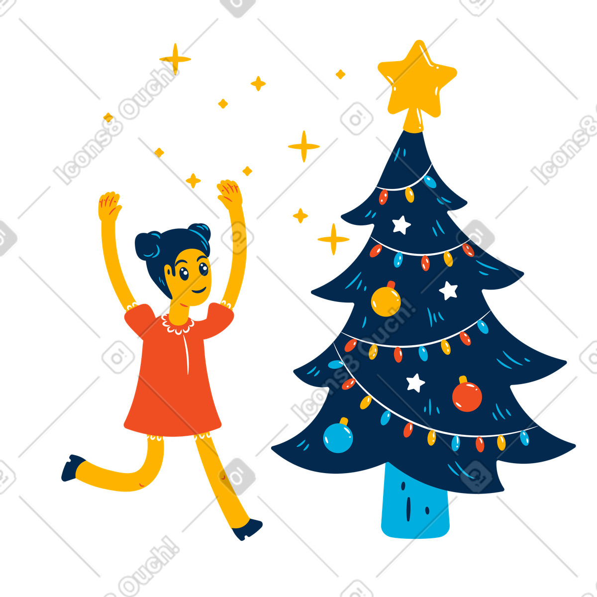 Little girl celebrating christmas near christmas tree illustration in Flame style download in PNG, SVG