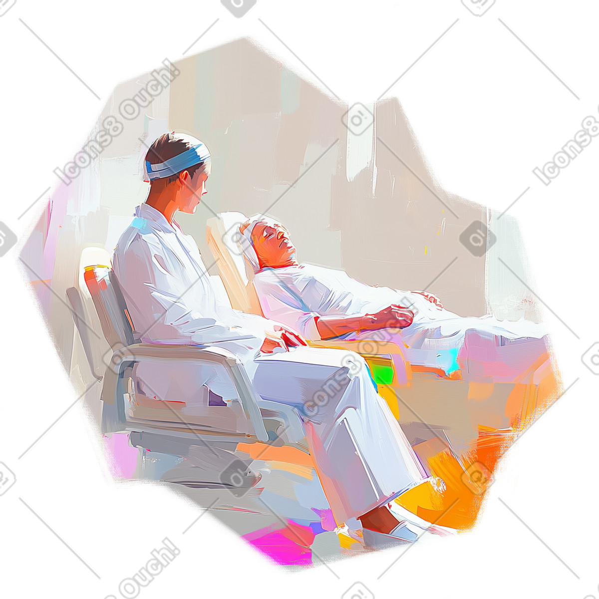 Oil painting of doctor and seriously ill person on hospital bed illustration in Pictorial style download in PNG, SVG
