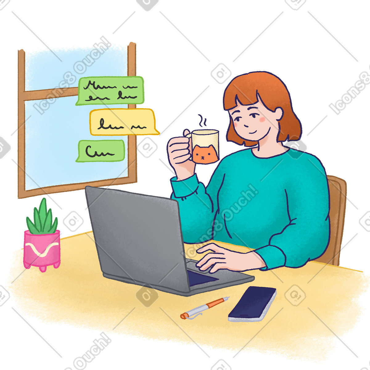 Illustration Freelancer working at home with laptop and coffee mug, office productivity dans le style Hue à télécharger aux formats PNG, SVG