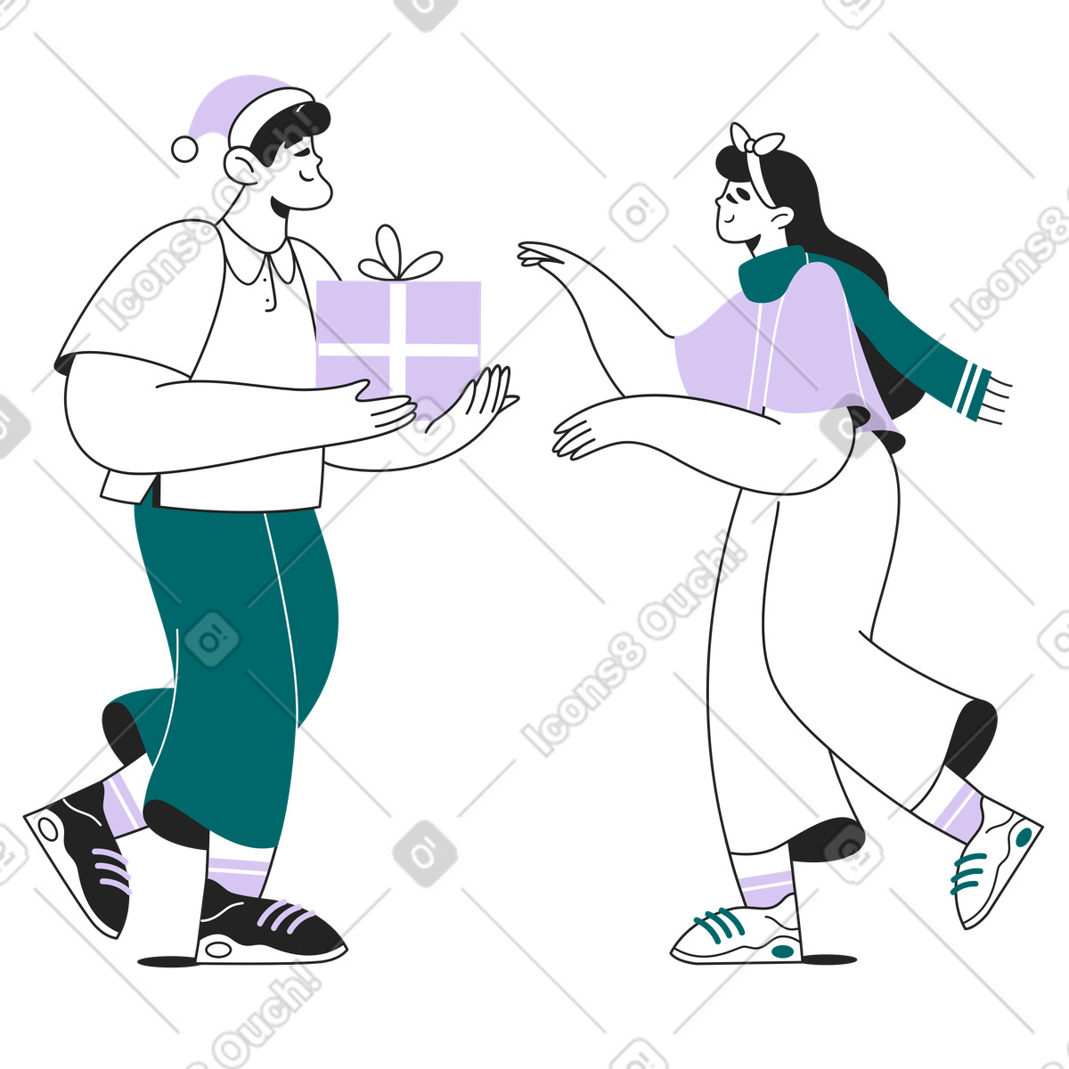 Giving present to friend, Christmas gift exchange-Illustration im Sammy Line-Stil als Download in PNG, SVG