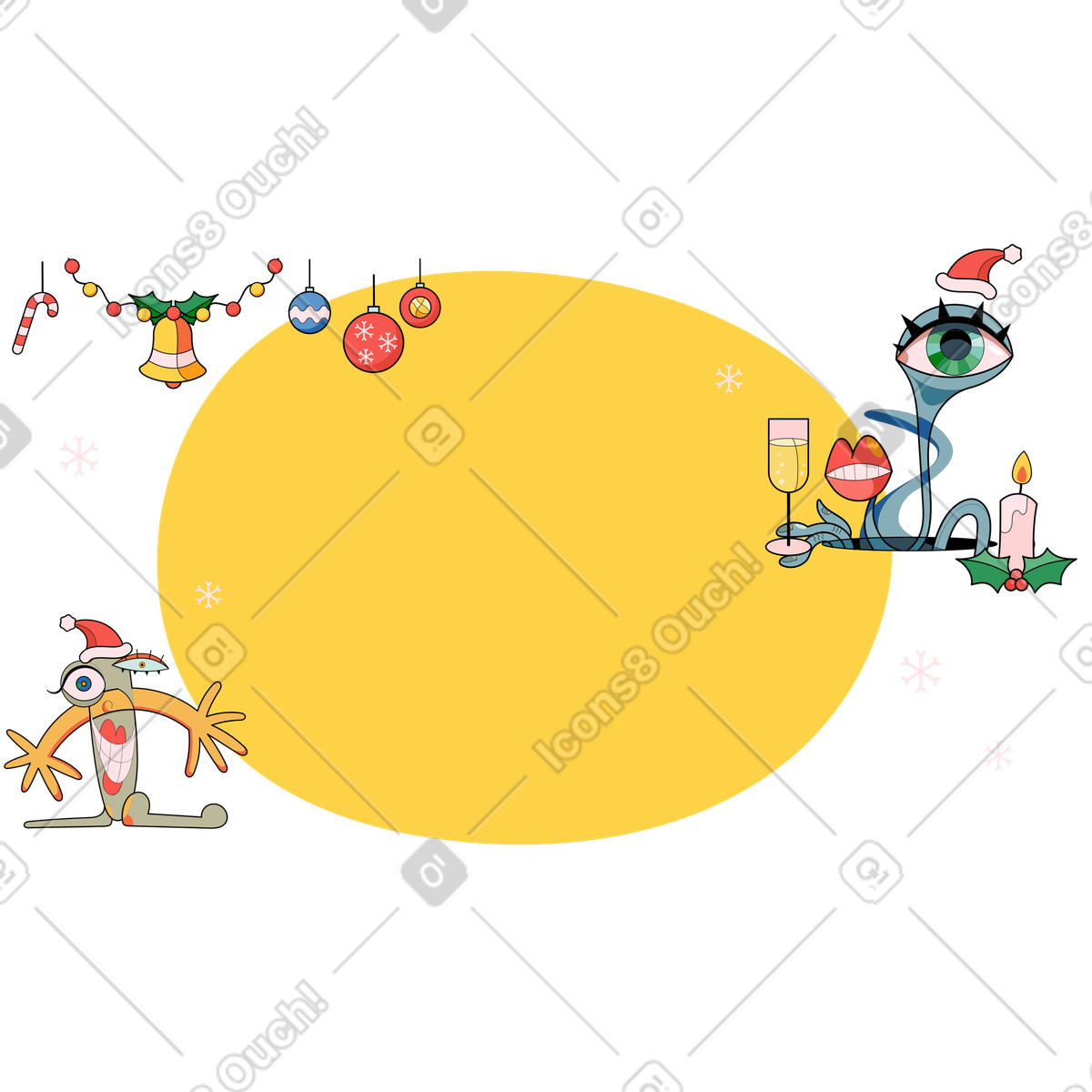 Sfondo rotondo con strane creature natalizie illustrazione in stile Surr scarica in PNG, SVG