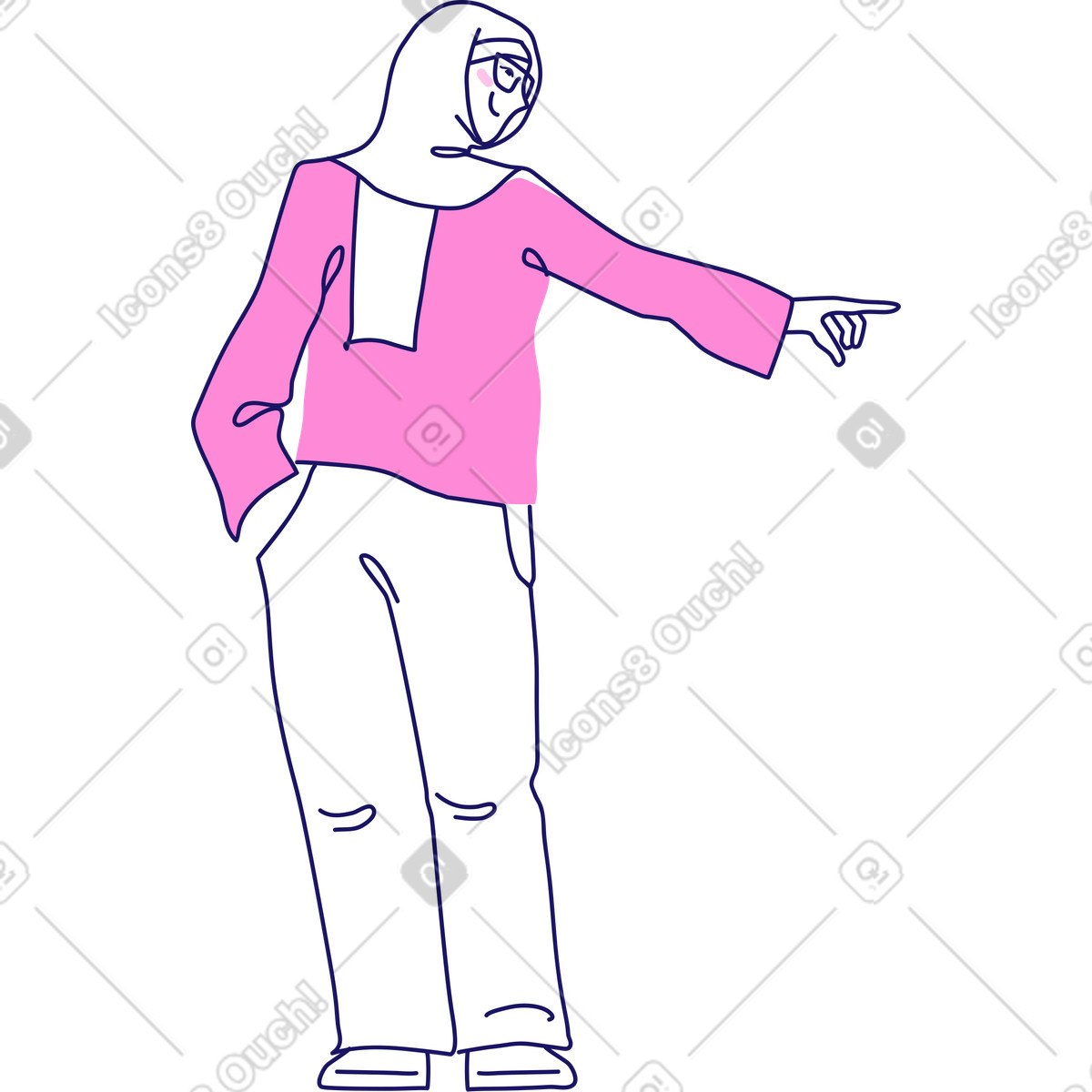 Frau mit einem schal auf dem kopf zeigt finger etwas-Illustration im Matey-Stil als Download in PNG, SVG