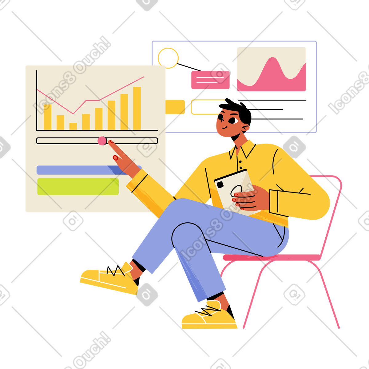 Businessman exploring financial trends on visual dashboard, Investment research for decision making animated illustration in GIF, Lottie (JSON), AE