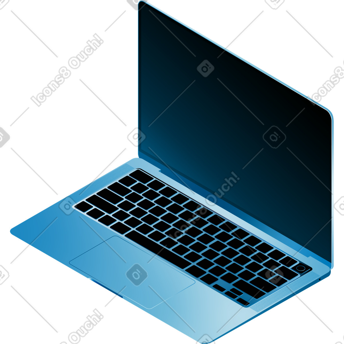 Isometric blue laptop with dark screen illustration in PNG, SVG