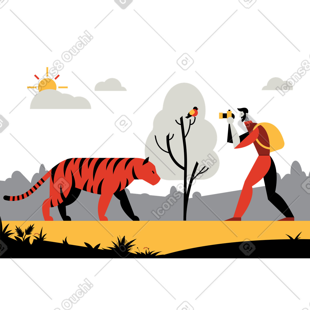 Ilustración Hombre tomando una foto de un pájaro sin ver el peligro fatal del tigre en estilo Burgundy a descargar en PNG y SVG