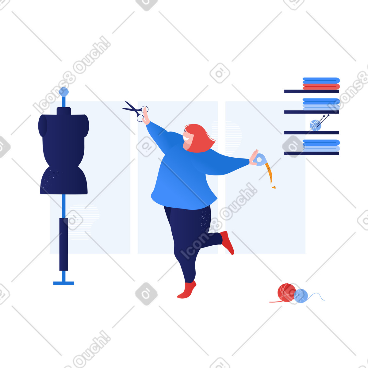 Illustration Designer travaillant avec un mannequin en atelier dans le style Clip à télécharger aux formats PNG, SVG