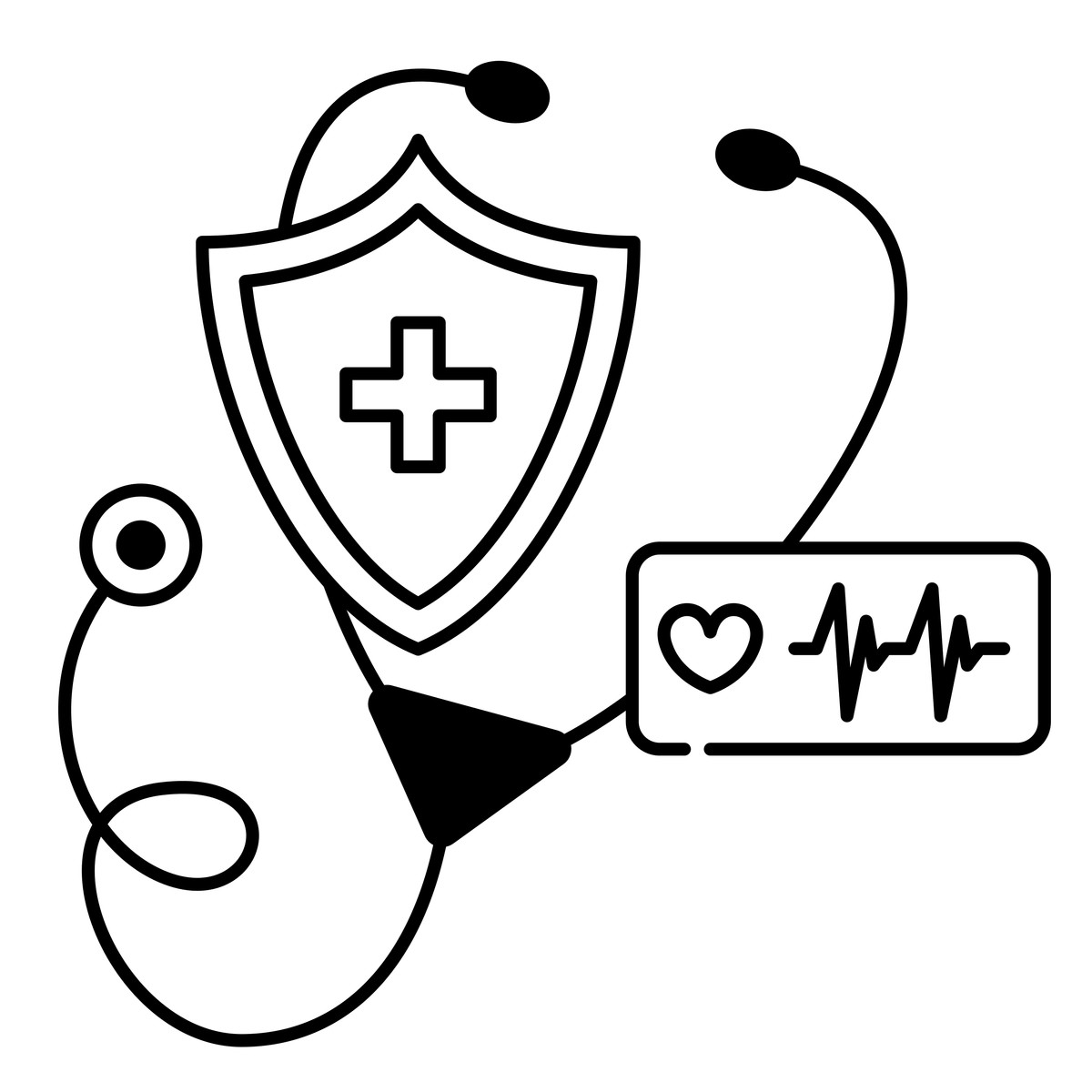 Ilustração de Escudo seguro com cruz médica e estetoscópio, simbolizando a segurança da saúde preventiva. em no estilo Notion Line Art para baixar em PNG, SVG