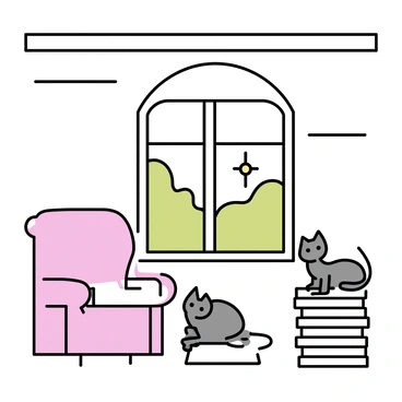 A rustic room features wooden beams across the ceiling and a stone wall. In one corner, there is a cozy armchair covered in a soft, textured fabric. Next to the armchair, a stack of books is neatly piled on the floor. A cat with gray fur is lounging by the window, basking in the sunlight streaming through the glass. The window offers a view of greenery outside.