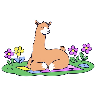 A llama sitting in a cross-legged position on a colorful yoga mat. The llama has light brown fur with white patches on its face and ears. Surrounding the llama is a garden with green grass, blooming flowers in shades of pink, yellow, and purple. There are a few leafy plants and a small stone path leading through the garden. The llama has its eyes closed, and a gentle smile is visible on its face, conveying a sense of calm.