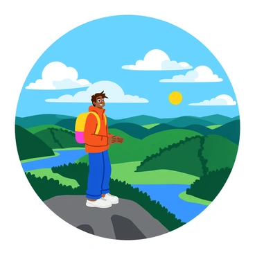 A traveler stands on a rocky mountain peak, gazing out at a vast landscape below. The traveler is wearing a colorful backpack and a warm jacket, and has a look of gratitude on their face. In the distance, rolling hills and valleys stretch out under a clear blue sky adorned with fluffy white clouds. Sunlight bathes the scene, illuminating patches of forest and shimmering lakes. The wind gently blows, causing the traveler’s hair to flutter slightly as they take in the breathtaking view.