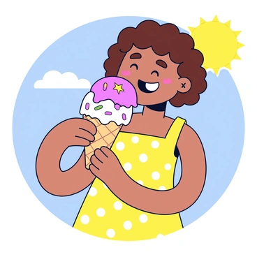 A young girl with curly brown hair is holding a large scoop of ice cream in a waffle cone. The ice cream is a vibrant mix of pink and white swirls. She is wearing a bright yellow sundress with white polka dots. The sun is shining, and there is a clear blue sky in the background. The girl has a big smile on her face as she takes a big lick of the ice cream. A few colorful sprinkles are scattered on top of the ice cream.