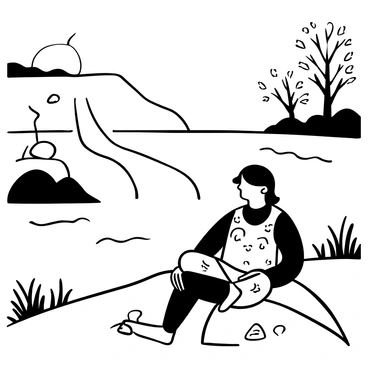 A vagabond with tattered clothing sitting cross-legged on a rocky riverbank, gazing pensively at the flowing water. The river is wide and serene, with gentle ripples creating patterns on the surface. The setting sun casts long shadows and illuminates the scene, reflecting delicate patterns on the water. Surrounding the riverbank are patches of grass and a few scattered stones, adding to the natural ambiance. A few trees can be seen in the background, their branches silhouetted against the light.