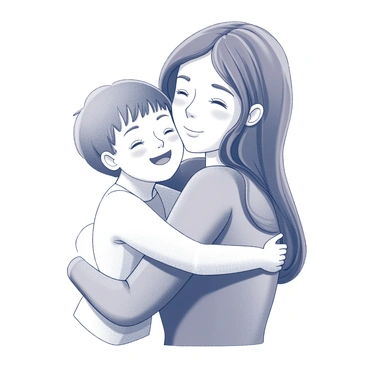 A child is being hugged tightly by a caring family member. The family member has a gentle expression, showing warmth and affection. The child appears content and secure, with their arms wrapped around the neck of the family member. The scene captures the closeness and bond they share, highlighting the nurturing nature of the moment. The background features soft lines that suggest a cozy, safe environment, enhancing the feeling of comfort and love.