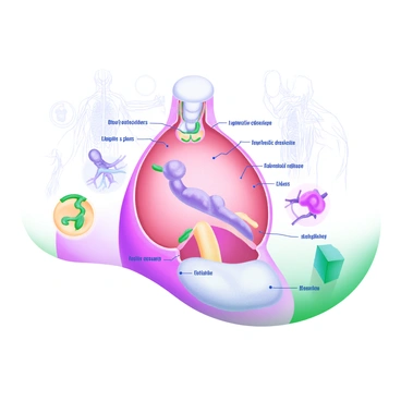 A modern pastel illustration depicting the human breast anatomy in detail. The image shows a lateral view of a breast, with labels for each anatomical part, including the lobules, ducts, areola, and nipple. Surrounding the breast are various colored diagrams illustrating the blood supply and lymphatic drainage. The background features faint outlines of anatomical sketches for additional context. The overall composition is clear and educational, aimed at facilitating the understanding of breast anatomy for medical students.