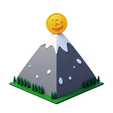 A majestic mountain peak with dramatic, jagged edges rising into the sky. The mountain is detailed with textures of rocky surfaces and patches of snow at the summit. At the very top of the peak, a giant bitcoin symbol, gleaming and metallic, rests prominently. The bitcoin features intricate designs on its surface, reflecting light in various directions. The surrounding area is adorned with a mix of evergreen trees along the lower slopes, enhancing the grandeur of the scene.