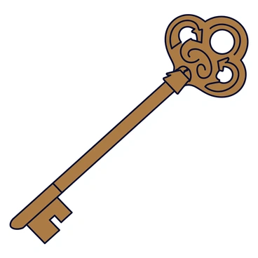 An intricate ancient key with a long, ornate shaft. The key has a circular head and a smooth, elongated bit. Various mysterious symbols are carved into its surface, including spirals and geometric shapes, all arranged in a symmetrical pattern. The key has a weathered bronze finish, giving it an aged appearance, and there are small details like tiny notches along the edges that enhance its complexity.
