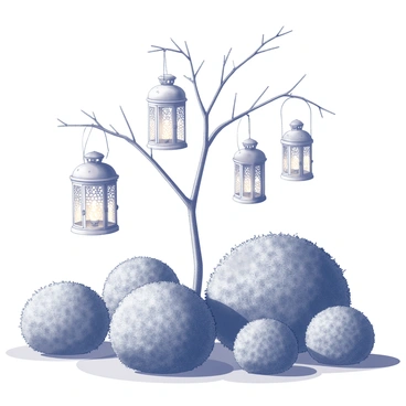 A collection of decorative lanterns is suspended from the branches of multiple bushes. The lanterns are intricately designed, featuring delicate patterns and intricate cutouts that allow light to filter through. The bushes have varied shapes and sizes, some with lush green foliage and others with a more sparse appearance. The scene captures the way the lanterns sway gently in the breeze, casting soft shadows on the surrounding ground. The overall arrangement creates a whimsical and inviting atmosphere in the garden setting.