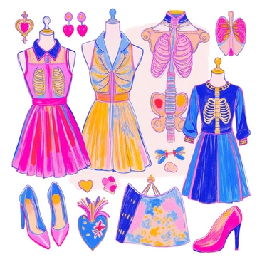 A collection of fashion items showcases unique designs inspired by various anatomical elements. There are dresses adorned with patterns resembling bones, featuring intricate detailing that mimics the structure of a ribcage. Accessories include necklaces shaped like hearts and earrings that resemble lungs. A pair of shoes is designed with a silhouette that echoes the curvature of a spine. Each item is displayed against a neutral backdrop, highlighting the complexity and creativity of the anatomical influences in the fashion pieces.