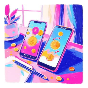 Two smartphones are positioned closely together, facing each other with their screens illuminated. Each phone displays a vibrant interface of a peer-to-peer currency exchange app. One screen shows an animation of currency flowing from one device to the other, represented by colorful arrows and digital currency symbols. The background features a subtle, modern workspace with a smooth wooden desk, and soft natural light filtering in. The smartphones are sleek and stylish, with one having a black matte finish and the other a shiny silver.