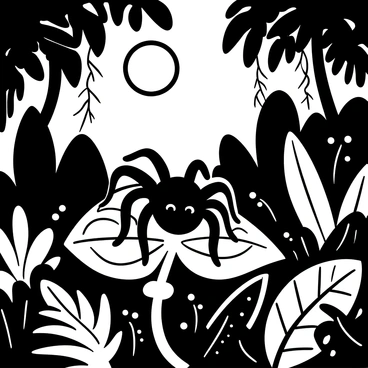 A tarantula positioned on a large, textured leaf in a tropical jungle under moonlight. The moonlight casts intricate shadows across the leaf and surrounding foliage. Various tropical plants, with large leaves and vines, frame the tarantula, creating a dense jungle atmosphere. The background features silhouettes of towering trees and hanging vines, enhancing the nighttime setting. Small details like dew drops on the leaves catch the light, adding to the ambiance of the scene.