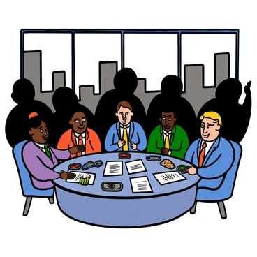 A group of five ambassadors with varied skin tones are seated around a large round table. They are engaged in animated discussions, with papers and digital devices scattered in front of them. Above the table, dark, shadowy figures loom, adding an air of tension to the scene. The ambassadors are dressed in formal suits, with a mix of ties and accessories representing their countries. Each ambassador displays a range of expressions, from serious to contemplative, highlighting the intensity of the negotiations. The room features large windows with city views, partially obscured by the ominous shadows.