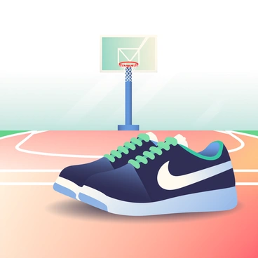 A close-up of a pair of black Nike basketball shoes is in the foreground, showcasing their sleek design and vibrant white accents. The shoes are positioned on a wooden basketball court, with light reflections highlighting the surface. In the background, there is a basketball hoop, complete with a net, positioned against a blurred backdrop. The court lines are visible, creating a dynamic perspective that draws the viewer's eye toward the hoop. The atmosphere suggests an active, energetic environment, suitable for basketball.