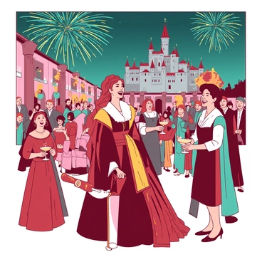 A royal figure in an elaborate gown of deep red and gold is joyfully celebrating a holiday, surrounded by a gathering of elegantly dressed courtiers. The scene is set in an opulent courtyard adorned with vibrant decorations and large banners. Above them, colorful fireworks are bursting in the night sky, illuminating the faces of the delighted guests with shades of teal and orange. The atmosphere is filled with laughter and excitement, as a royal servant is pouring champagne into fluted glasses held by the courtiers. The grand castle towers in the background, adding to the festive ambiance of the celebration.