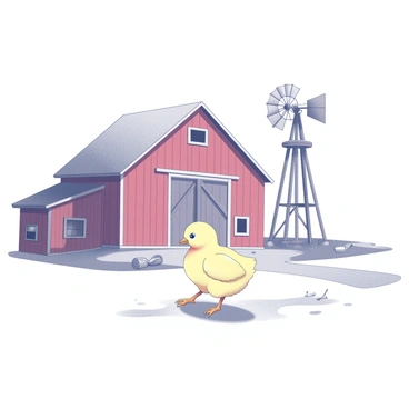 A chick exploring a vibrant farm with a red barn and windmill in the background