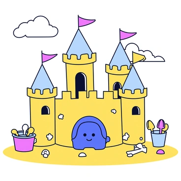 A whimsical sandcastle with multiple towers and arched doorways is constructed on a beach. The sandcastle is embellished with seashells and colorful flags fluttering at the tops of the towers. In the center of the sandcastle, there is a bright blue potty, creatively integrated into the design. The potty has a cheerful face drawn on it, adding a touch of humor to the scene. Surrounding the sandcastle are scattered beach toys and a small bucket filled with colorful shovels. The sky above is clear with a few fluffy white clouds.