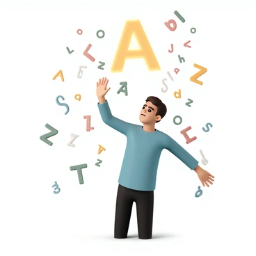 A character, wearing a blue shirt and black pants, is submerged waist-deep in a sea of floating letters and numbers. The letters and numbers are in various colors, including red, green, and yellow, creating a chaotic yet dynamic scene around the character. The character's expression shows a mix of anxiety and determination as they reach out towards a larger, glowing "A" that stands out among the other symbols. The surrounding letters and numbers appear to be swirling and moving, emphasizing the overwhelming nature of the pressures and expectations.