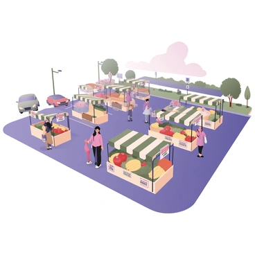 A digital flat illustration of a parking lot transformed into a farmer's market. There are multiple colorful stalls arranged neatly, each covered with striped canopies. The stalls are filled with fresh produce, including bright red tomatoes, yellow corn, leafy green lettuce, and orange carrots. There are baskets of fruits such as apples, bananas, and pears. A few customers are browsing the stalls, with one woman inspecting a basket of strawberries. There are small signs on each stall displaying prices. In the background, parked cars are visible, and some trees are lining the edges of the parking lot. The sky is clear with a few fluffy clouds.