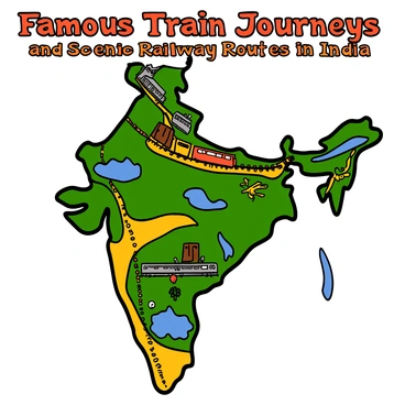 A detailed map of India showcasing famous train journeys and scenic railway routes across the country. The map features colorful train icons marking key railway lines, with dotted paths indicating the routes. Various landmarks and scenic spots are illustrated along the routes, including mountains, rivers, and historical sites. The background includes vibrant colors representing different regions of India, such as green for forests, blue for water bodies, and yellow for deserts. The title "Famous Train Journeys and Scenic Railway Routes in India" is displayed prominently at the top of the map in bold, artistic font.