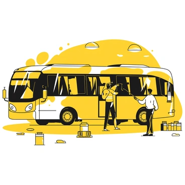A new bus with a sleek body is positioned inside a paint shop. The bus is adorned with various sections masked off, revealing a base layer of white. Overspray from the painting process has created a pattern of black and yellow around the edges. Workers in protective gear are seen using spray guns to apply paint to the bus's surface, creating intricate designs. Paint cans and tools are scattered across the floor. The atmosphere is filled with the sheen of fresh paint and the focus of the workers.