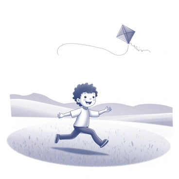 A child is running energetically in a large open field, with arms outstretched. The child is holding a colorful kite that is soaring high in the sky, the string tightly grasped in one hand. The grass in the field is lush and waving gently in the breeze. In the background, there are distant hills that create a sense of depth and openness to the landscape. The child's face is filled with excitement and joy, showcasing the thrill of flying the kite.