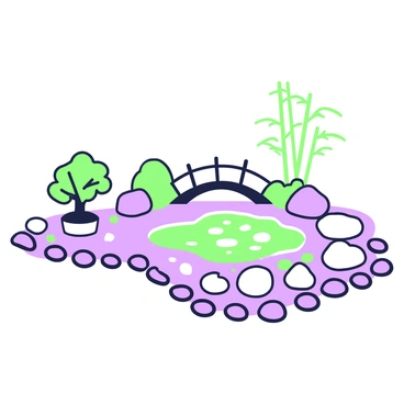 A zen garden featuring smooth pebbles arranged in a flowing pattern across the ground. In the center, there is a small pond with clear water, reflecting the surrounding elements. To one side of the pond, there are carefully placed larger stones, some with moss on them. A small wooden bridge arches over the pond, leading to a few bamboo plants that create a natural border. Near the edge of the garden, a single bonsai tree sits in a stone planter, completing the serene arrangement.