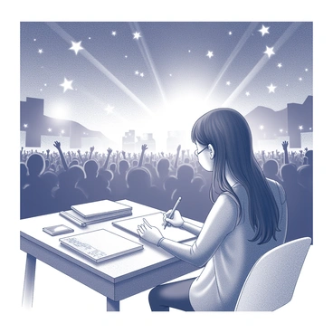 An illustrator is depicted at work, surrounded by art supplies and sketchbooks. They hold a pencil in one hand, intently focused on creating a drawing. In the background, a lively outdoor concert scene unfolds, with a crowd of people enjoying the performance. Bright stage lights illuminate the performers, while the audience sways to the music. Above them, a starry sky is visible, with numerous stars shining down, creating a dynamic atmosphere filled with energy and excitement.