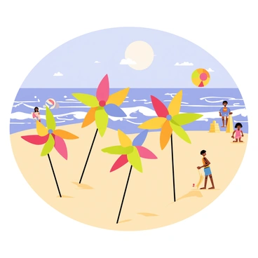 A lively beach scene with several colorful pinwheels set in the golden sand. The pinwheels are vibrant, featuring shades of red, blue, yellow, and green, spinning gently in the soft breeze. In the background, there are families enjoying the beach, some are playing with a beach ball while others are building sandcastles. The ocean waves are rolling in, creating white foamy edges as they crash onto the shore. A bright sun shines in a clear blue sky, casting playful shadows of the pinwheels onto the sand.