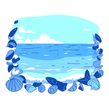 A blue ocean stretches out to the horizon under a clear sky. In the foreground, there is a frame made of various seashells, including spiral and flat shells, creating a natural border. The seashells are arranged neatly, showcasing their different shapes and textures. Gentle waves are rolling towards the shore, creating white foam at the water's edge. The sunlight glimmers on the surface of the water, enhancing the vibrant colors of the scene.