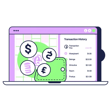 A digital wallet interface is displayed on a screen. The background features a grid pattern, providing a tech-inspired aesthetic. In the center, there are various cryptocurrency icons arranged in a circular layout, each labeled with its respective name in quotes. To the right, a detailed transaction history list is visible, showing several entries, each with quotes around the transaction descriptions. The most recent transaction is highlighted, drawing attention to its details, which include time, amount, and status. The overall design is modern and user-friendly, with clear organization of information.